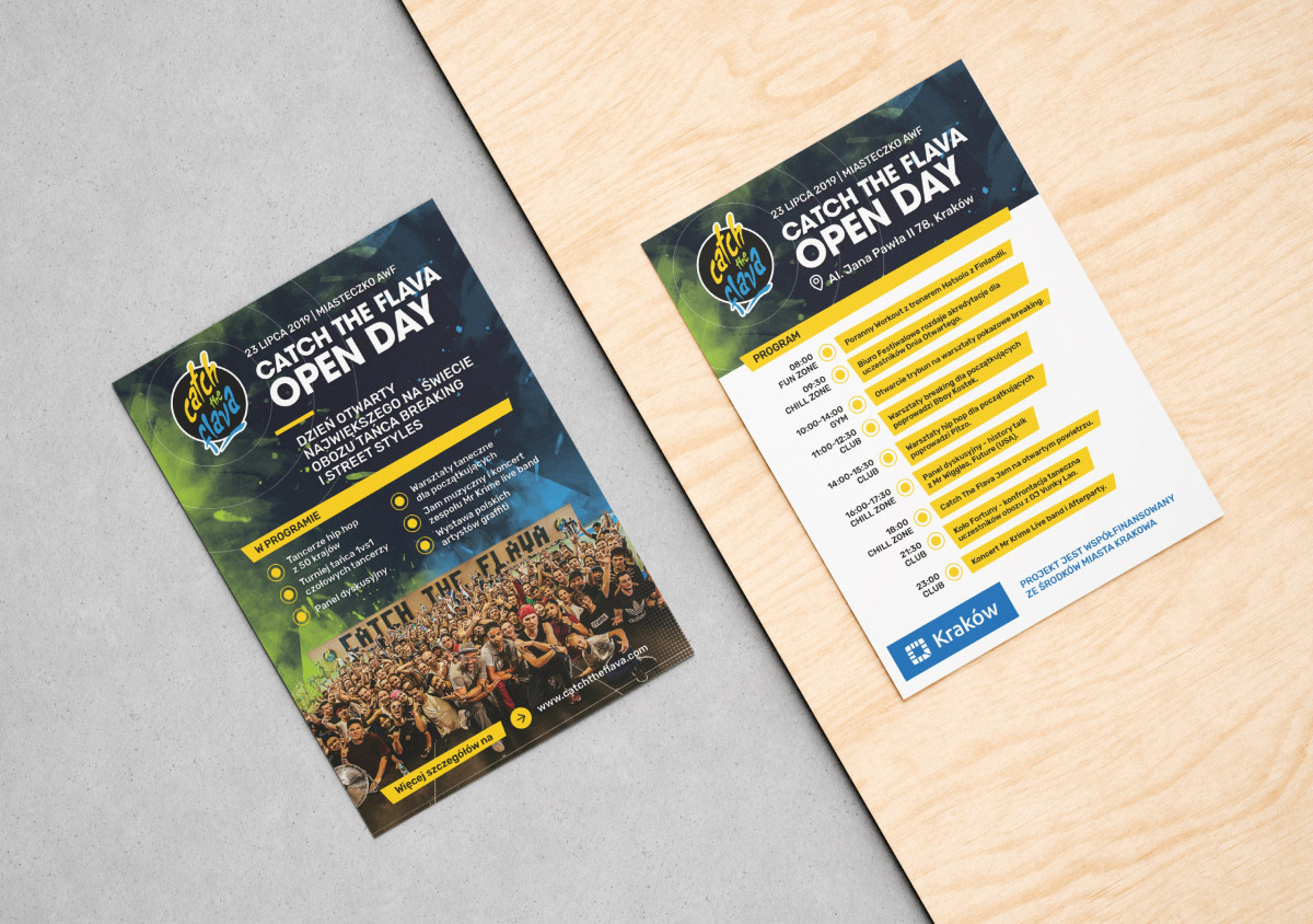 Projekt ulotek na dzień otwarty. Wydarzenie współfinansowane ze środków miasta Kraków.