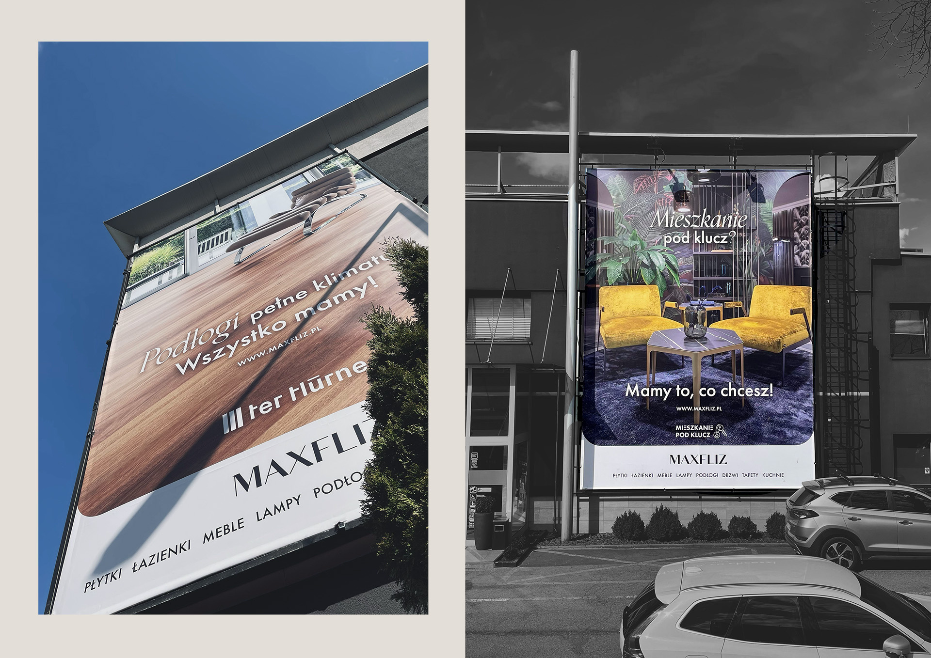 Projekt siatek wielkoformatowych montowanych na zewnątrz salonu Maxfliz. Projektant Hubert Wawrzkowicz.
