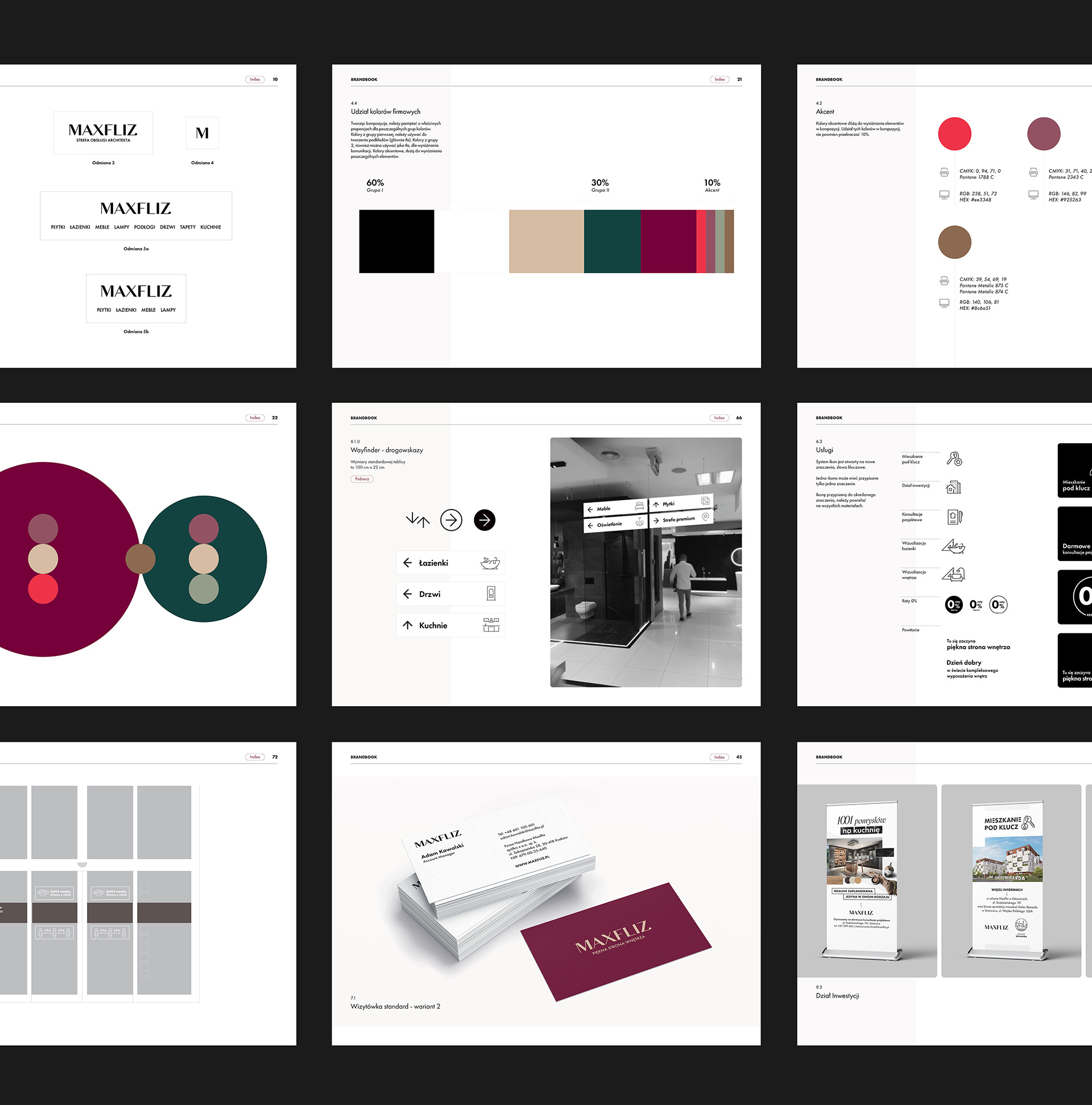 Projekt brand booka dla salonów wyposażenia wnętrz Maxfliz. Projektant Hubert Wawrzkowicz.