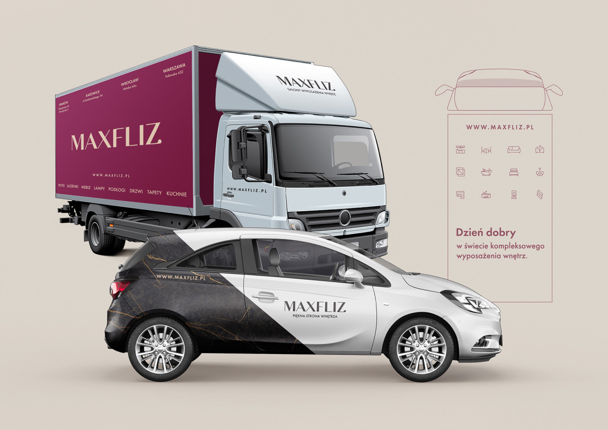 Projekt plandeki i okleiny samochodu ciężarowego oraz okleiny samochodu osobowego dla salonów wyposażenia wnętrz Maxfliz. Projektant Hubert Wawrzkowicz.