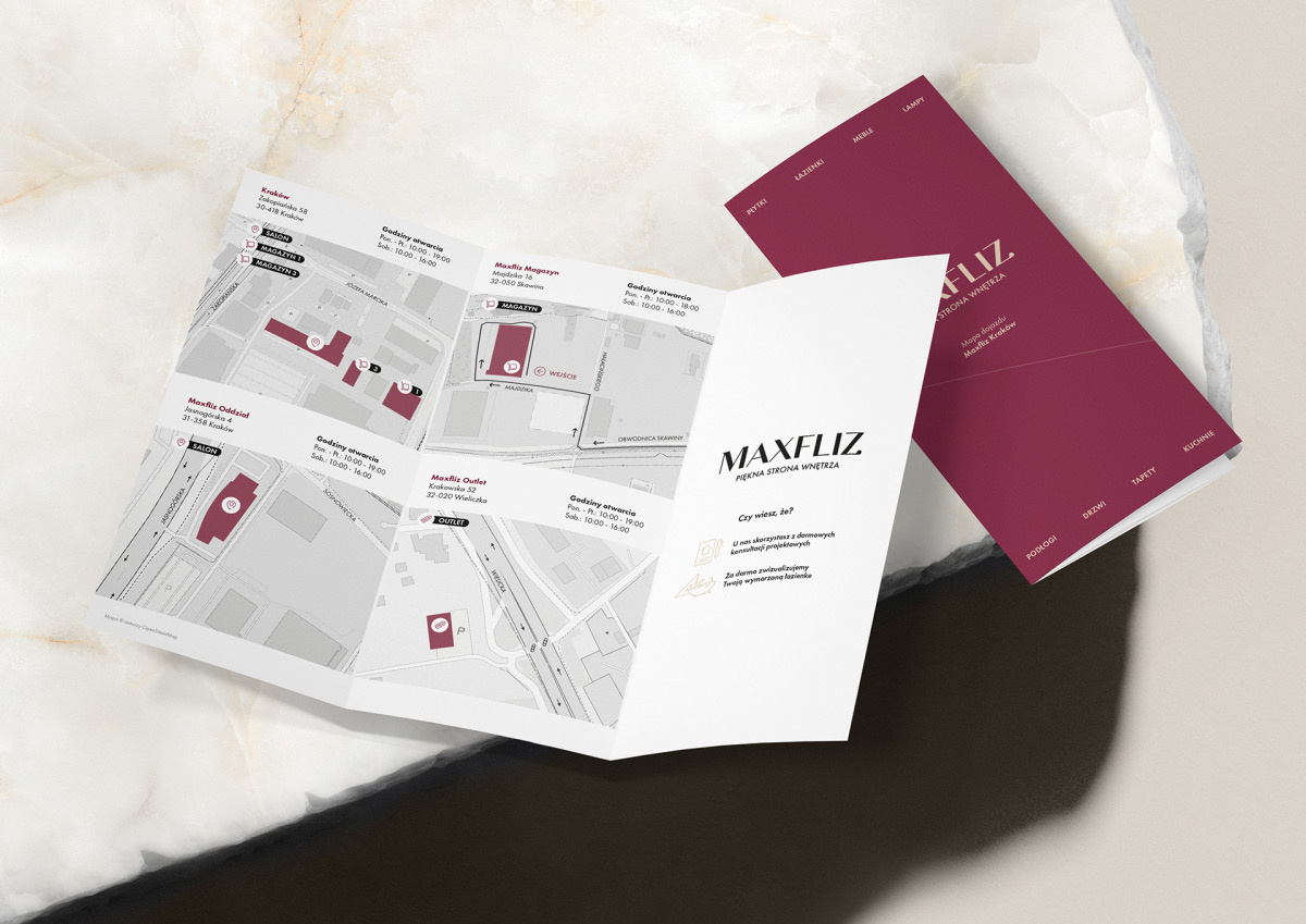 Projekt mapy dojazdu do salonów wyposażenia wnętrz Maxfliz. Projektant Hubert Wawrzkowicz.