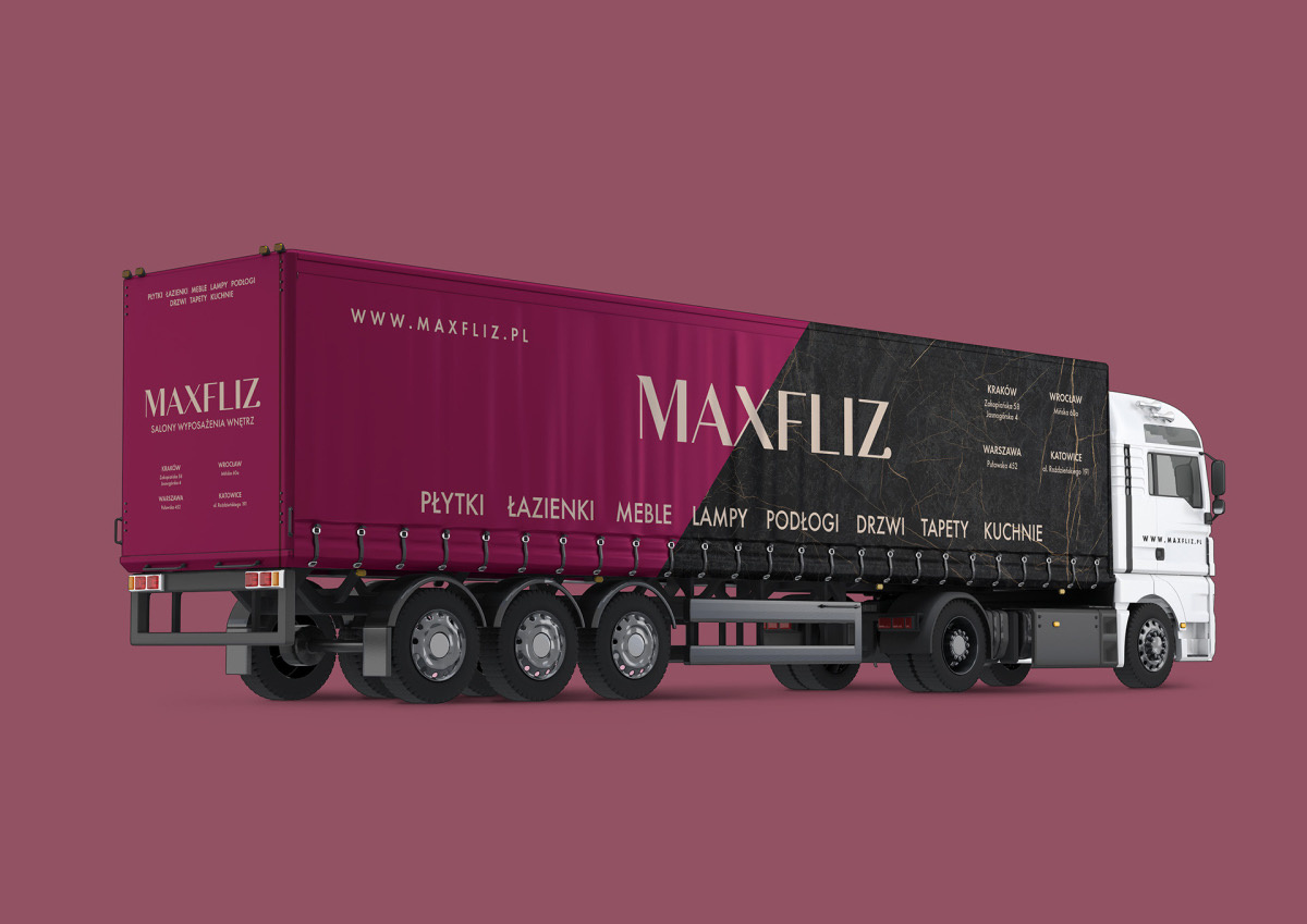Projekt plandeki i okleiny tiru dla salonów wyposażenia wnętrz Maxfliz. Projektant Hubert Wawrzkowicz.